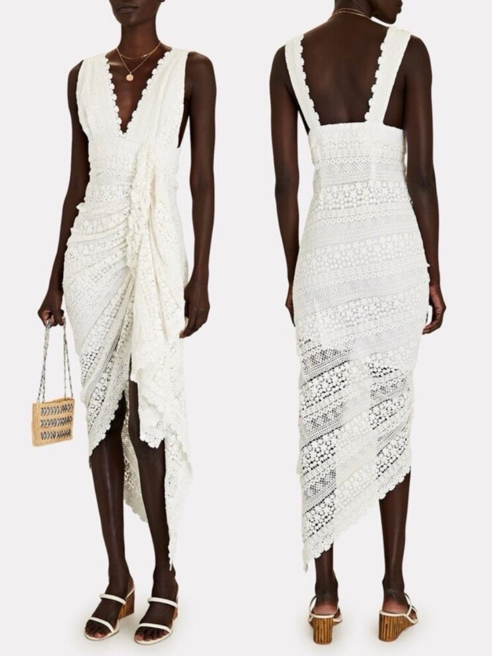 Just Bee Queen Tulum White Crochet Asymmetrical Wrap Dress with Knot Detail